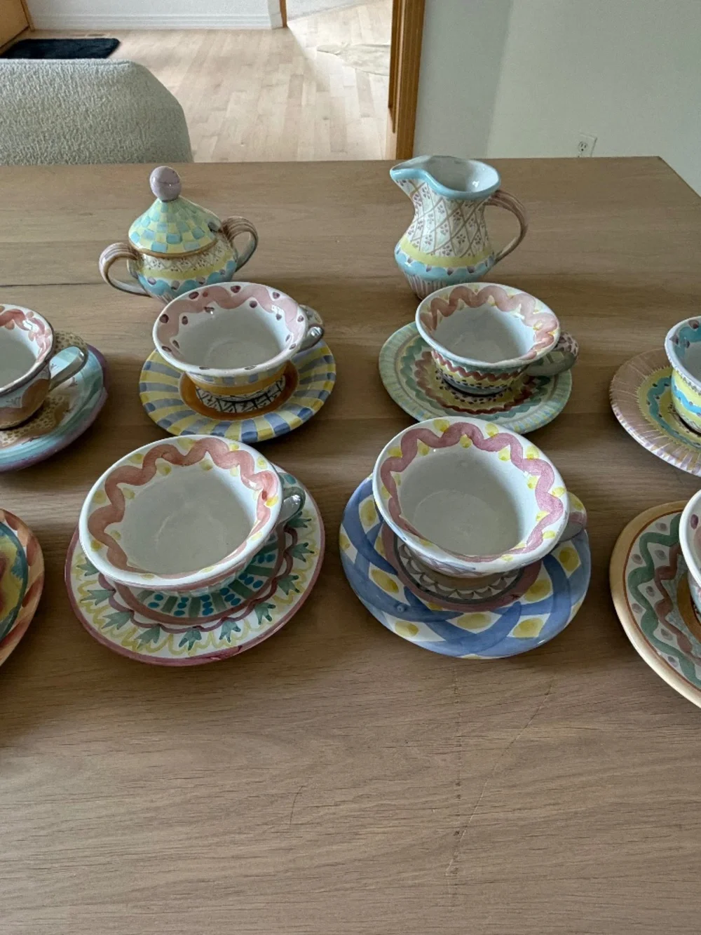 Mackenzie Childs Vintage Coffee Cup, Saucer, Creamer and Sugar Jar Set